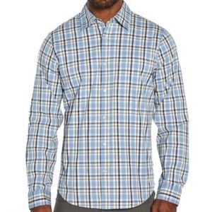 Gap Mens XL Long Sleeve Poplin Button Up Stretch Plaid Shirt Lt Blue Grey Wt